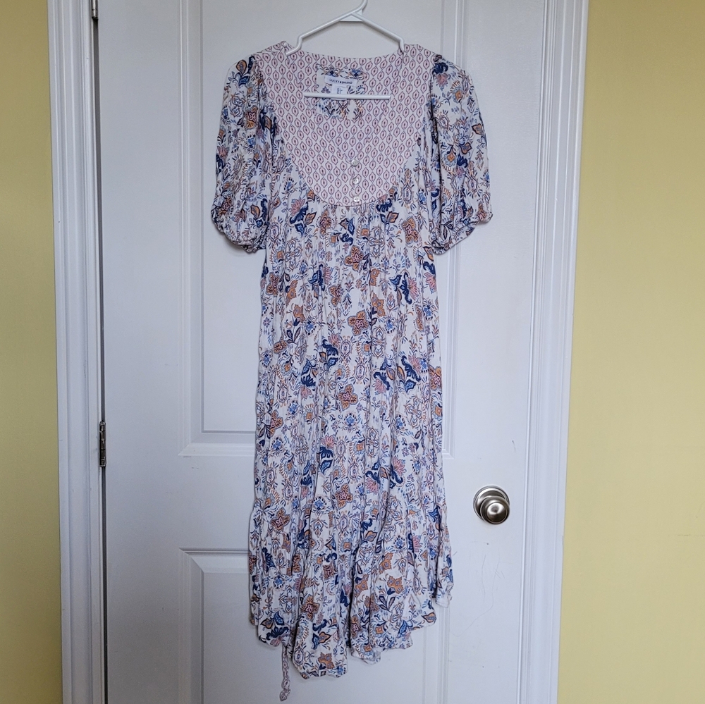 Lucky Brand dress boho floral string belt maxi white blue orange coastal flowy